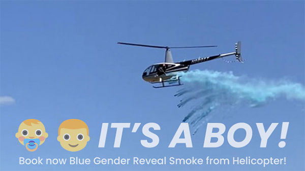Gender reveal helicopter flight with blue smoke for baby boy