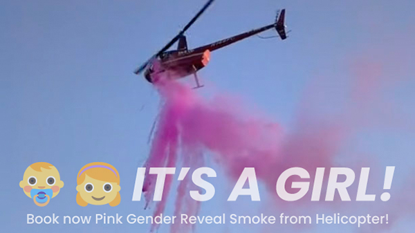 Gender reveal helicopter flight with pink smoke for baby girl